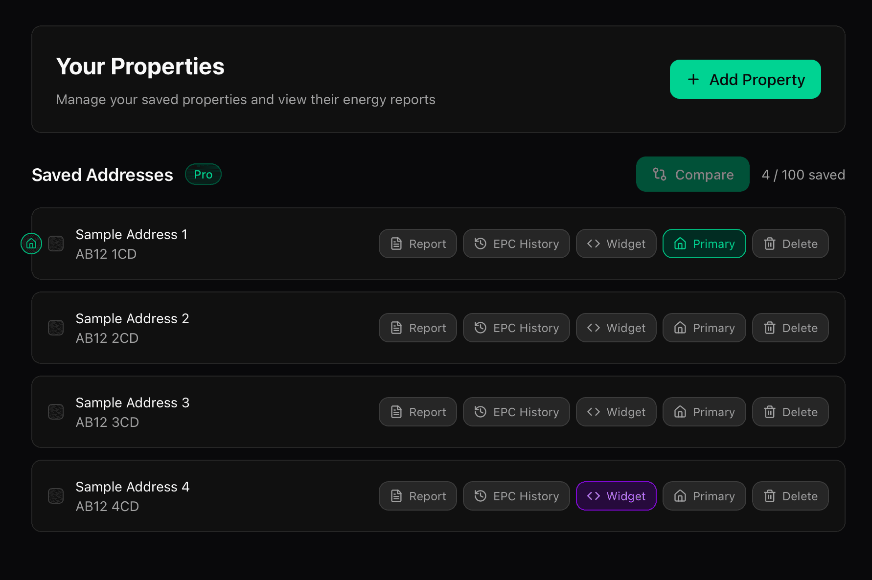 Your Properties dashboard listing saved addresses, each with report, EPC history, widget and compare actions
