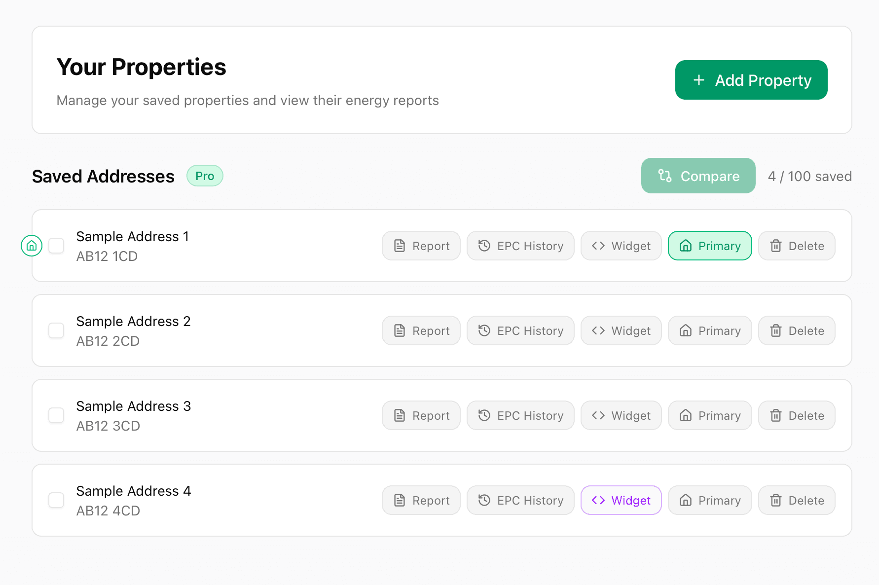 Your Properties dashboard listing saved addresses, each with report, EPC history, widget and compare actions